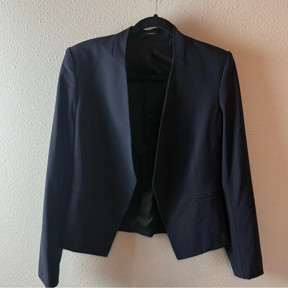 Theory Lanai Sevona Wool Crop Blazer Navy Blue Open Front Business Casual Sz 10