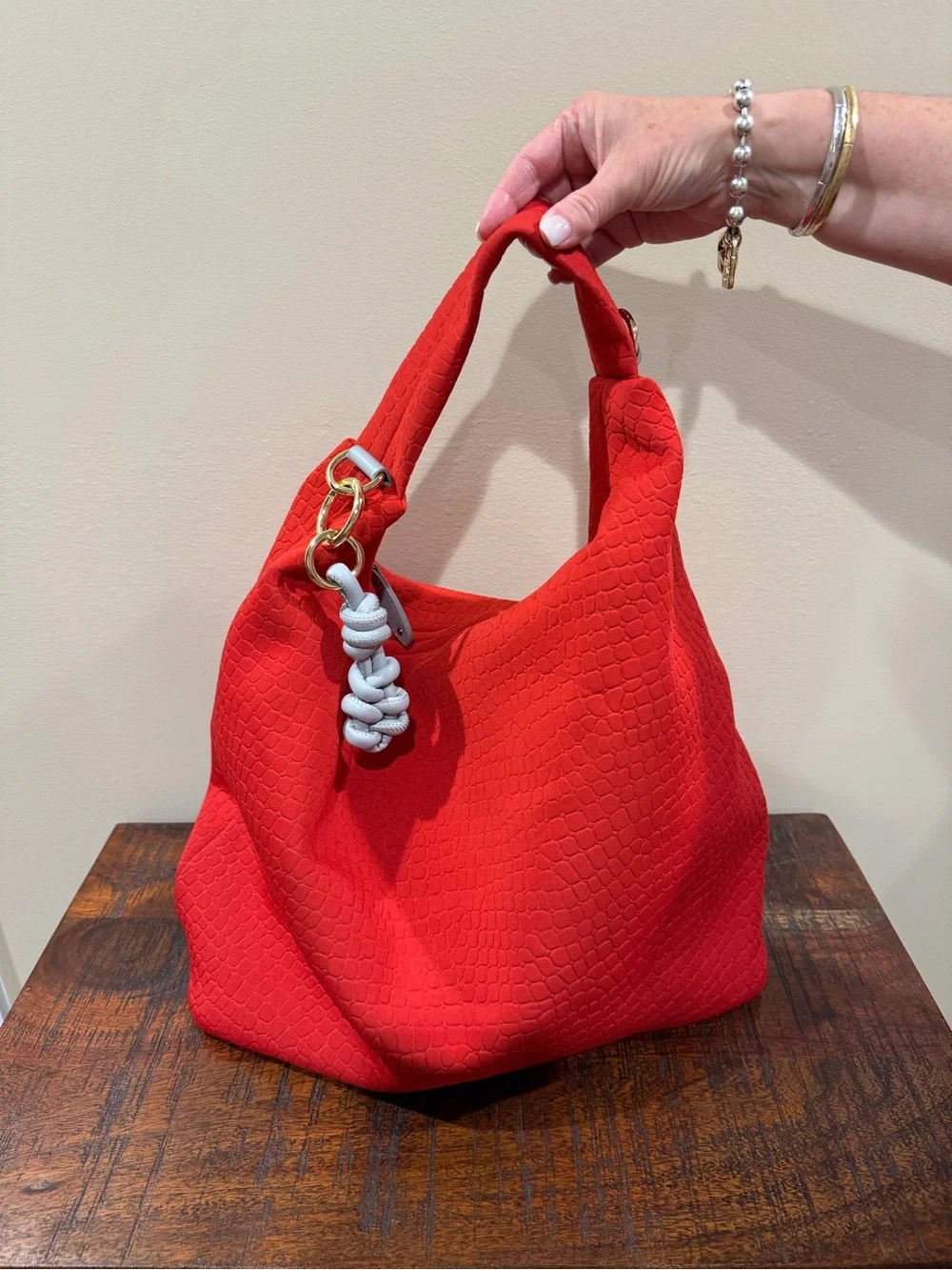 Sondra Roberts Red Textured Hobo Bag with Gray Knot Accent