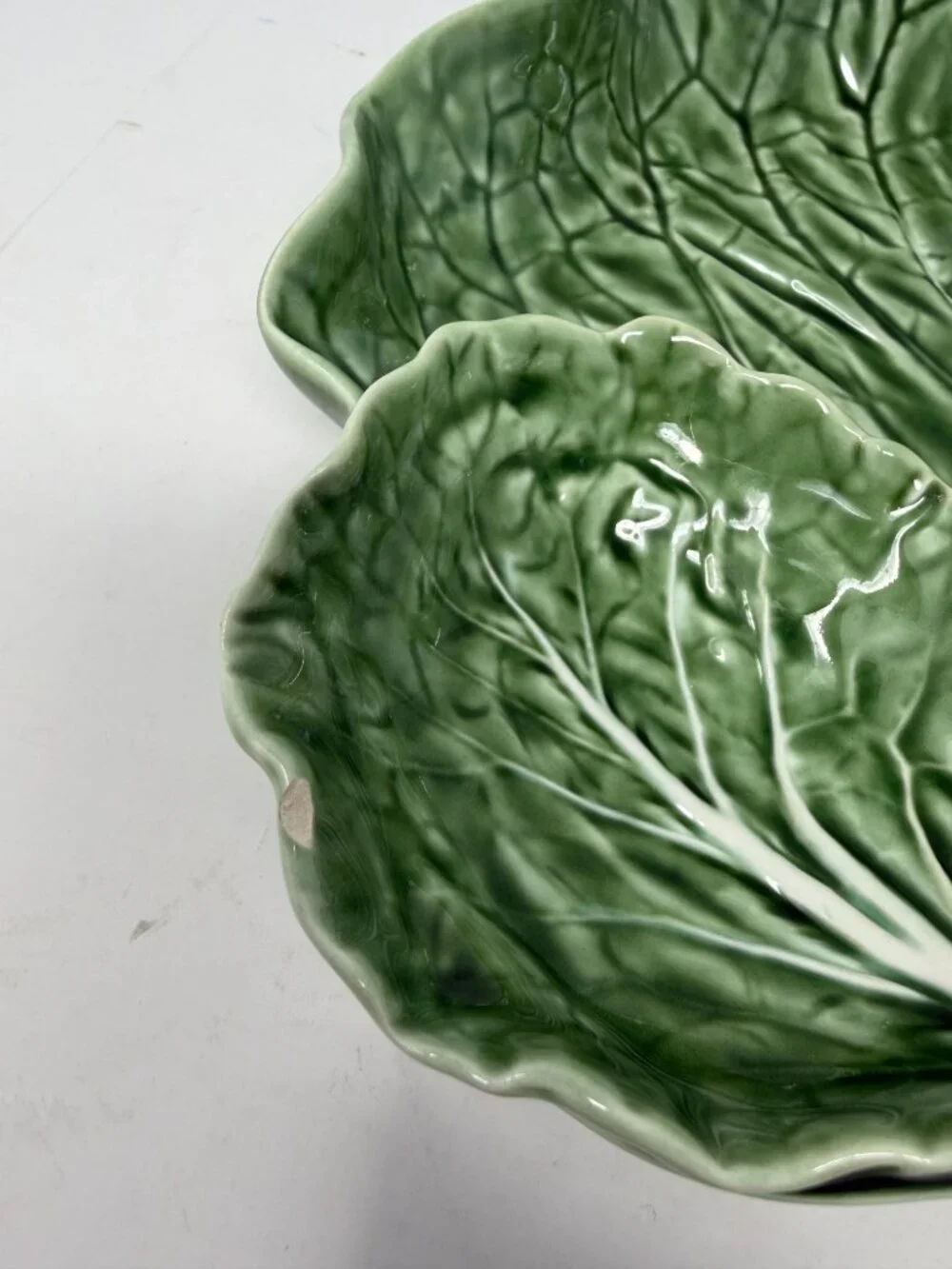 Bordallo Pinheiro cabbage leaf dish chips and dip Portugal green majolica