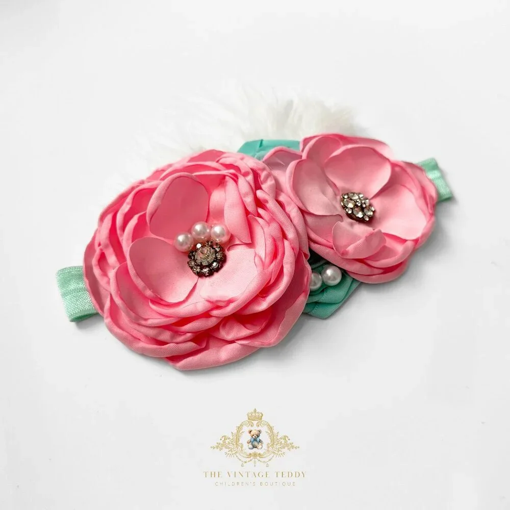 NWT Pretty Vintage Inspired Girls Headband Floral Beaded Feathers Pink/Mint OS