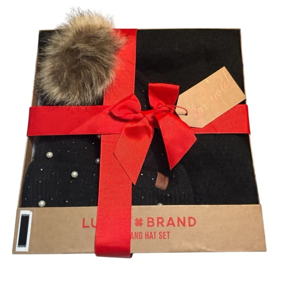 NEW Lucky Brand SET Black Scarf + Beanie Hat Tan Pom Pearls Sparkles Cozy Gift