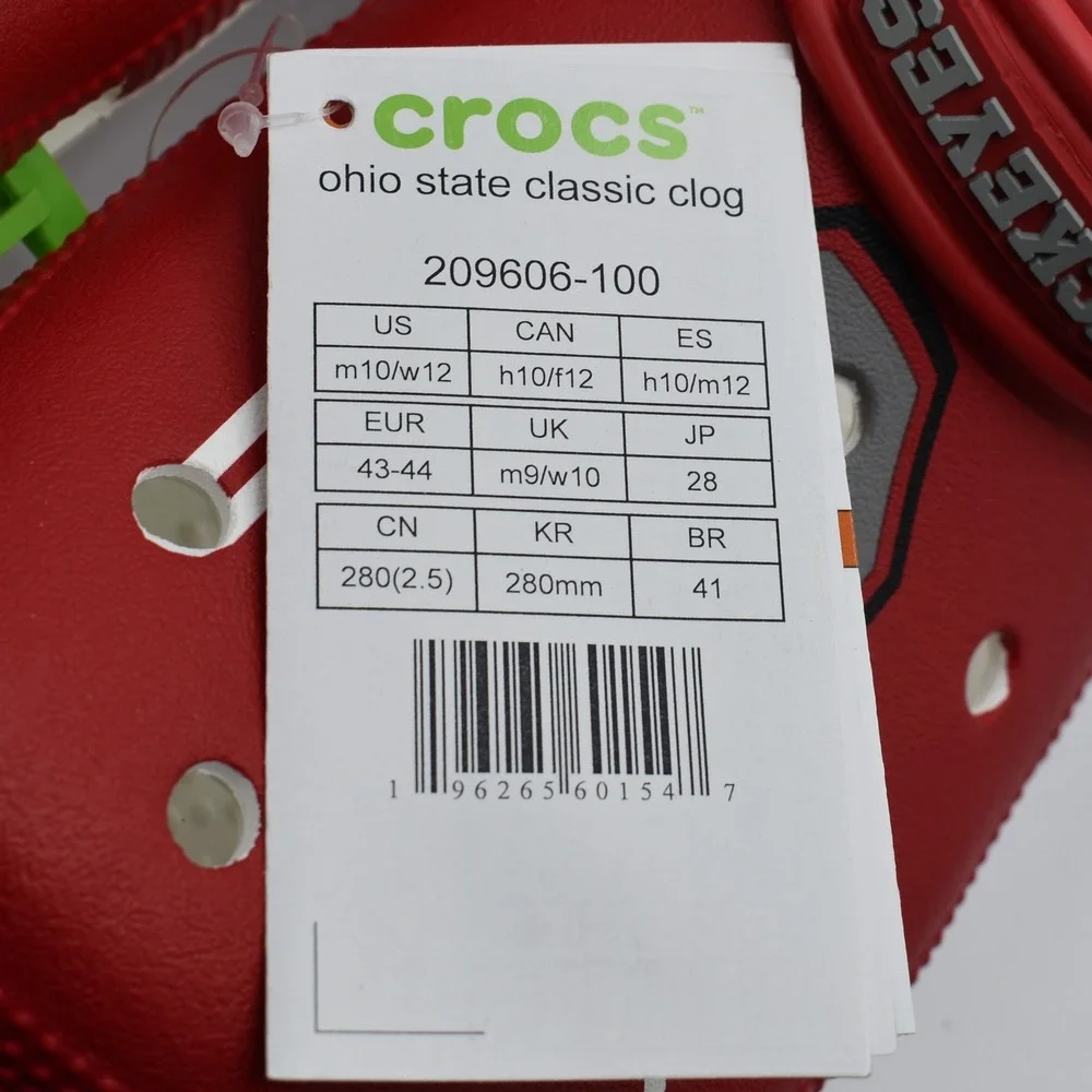 Crocs Ohio State Buckeyes Classic Clog Unisex M10/W12 Red White NWT 209606-100