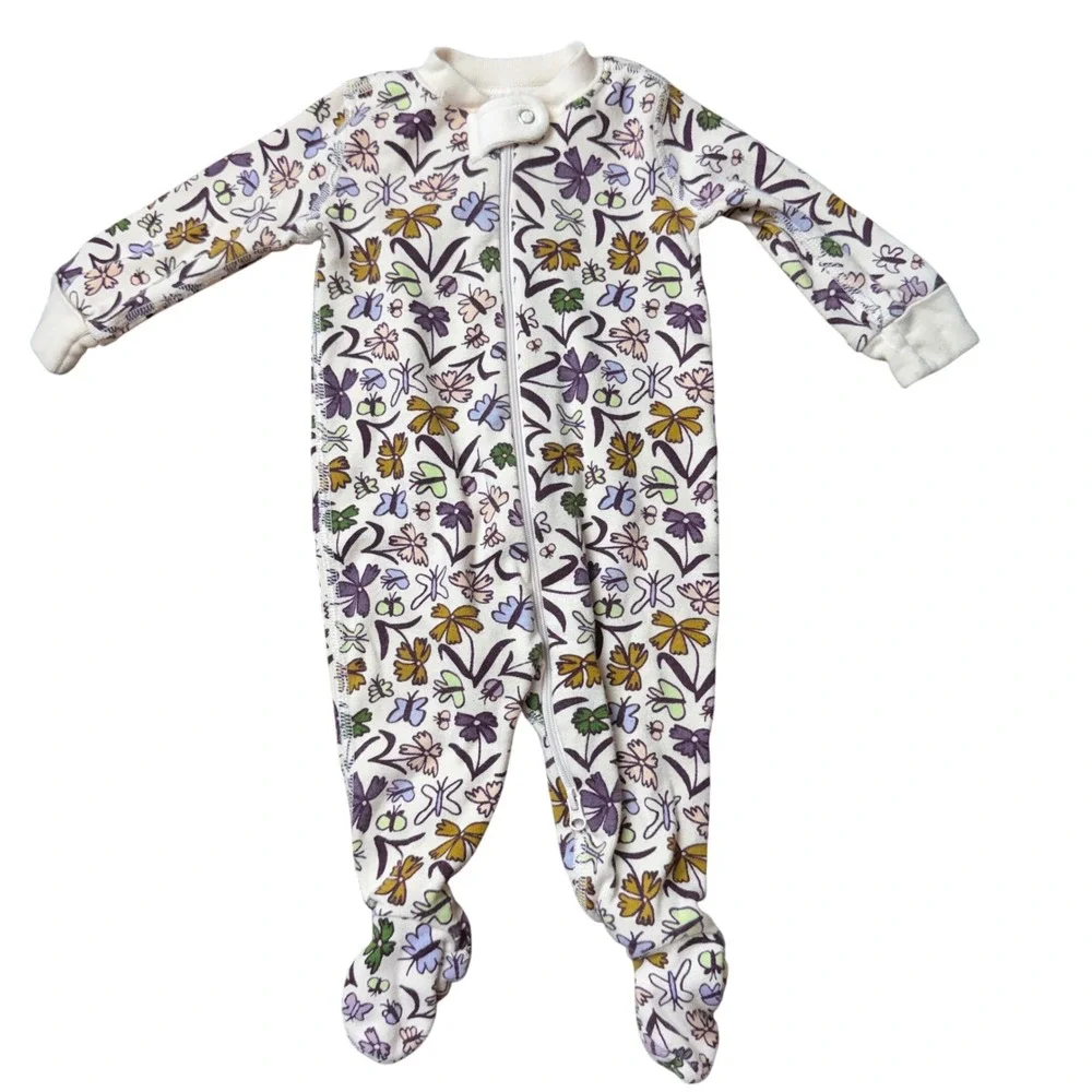 Quince Cream Butterfly Floral Organic Cotton Footed Sleeper 3-6M Baby Pajamas