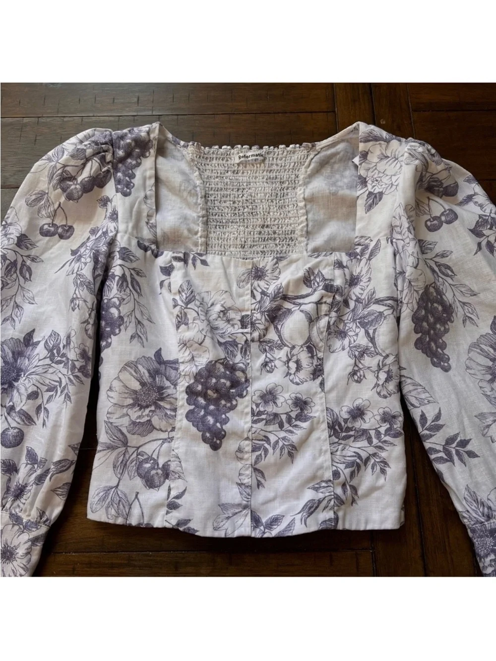 REFORMATION Blouse Top Carla Stilton Linen Puff Sleeve Floral Print White Blue 2