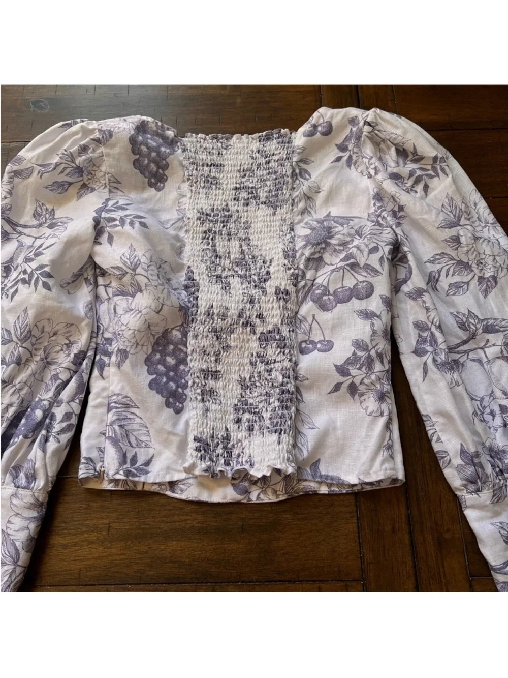 REFORMATION Blouse Top Carla Stilton Linen Puff Sleeve Floral Print White Blue 2