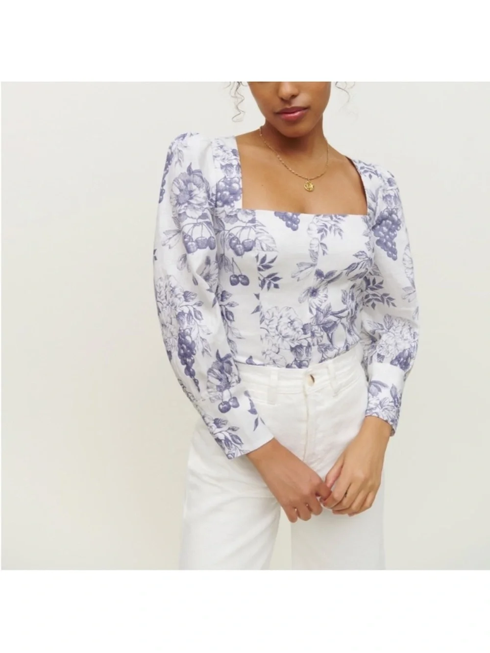 REFORMATION Blouse Top Carla Stilton Linen Puff Sleeve Floral Print White Blue 2
