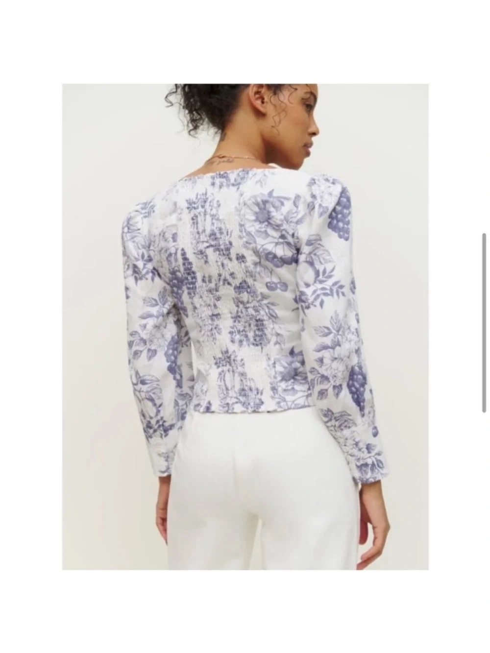 REFORMATION Blouse Top Carla Stilton Linen Puff Sleeve Floral Print White Blue 2