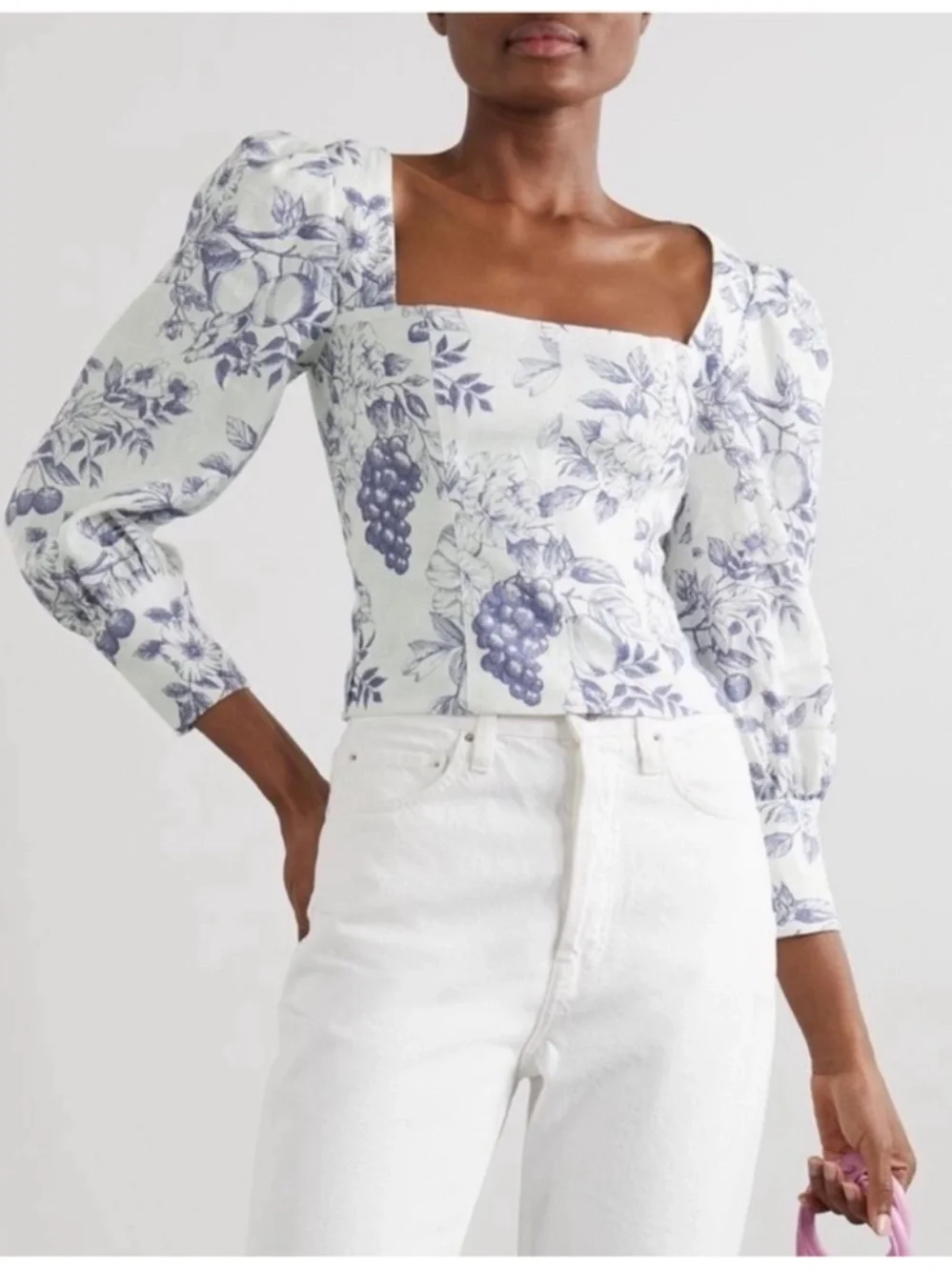 REFORMATION Blouse Top Carla Stilton Linen Puff Sleeve Floral Print White Blue 2