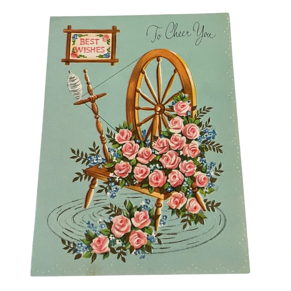 Unused Vintage Greeting Card Best Wishes to Cheer You Floral Spinning Wheel