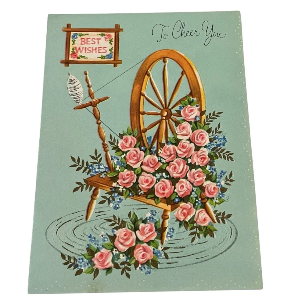 Unused Vintage Greeting Card Best Wishes to Cheer You Floral Spinning Wheel
