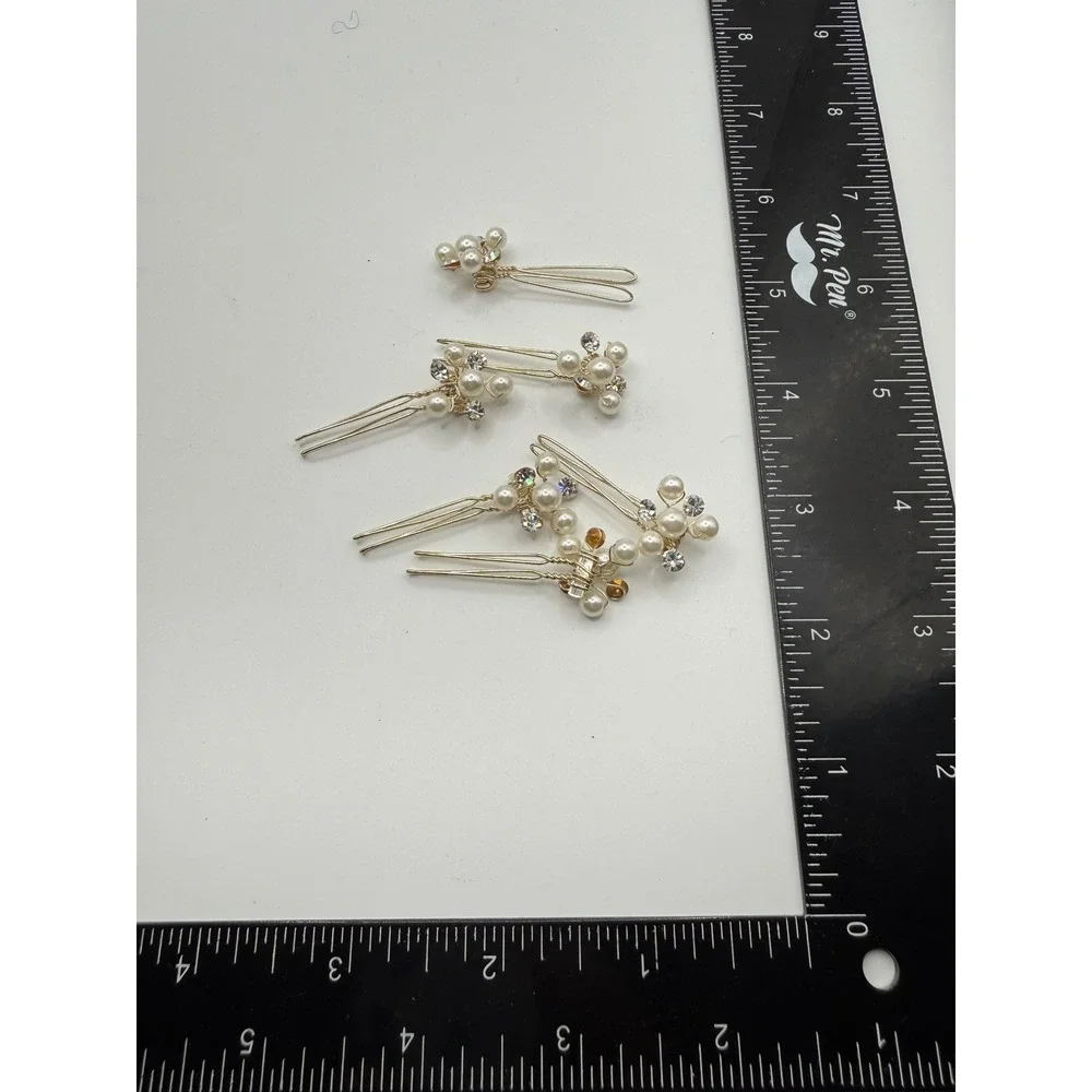 Set of 5 Gold Tone Faux Pearl Rhinestone Bridal Hair Pins Wedding Accessories