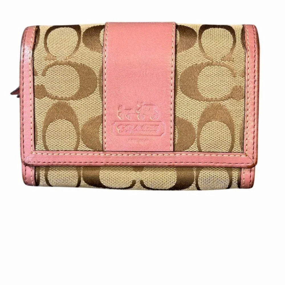 Coach Signature Monogram Pink and Tan Wallet