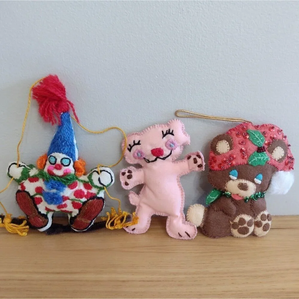 Vintage (3) Handmade Hand Stitched Stuffed Christmas Ornaments Crewel Clown Bear