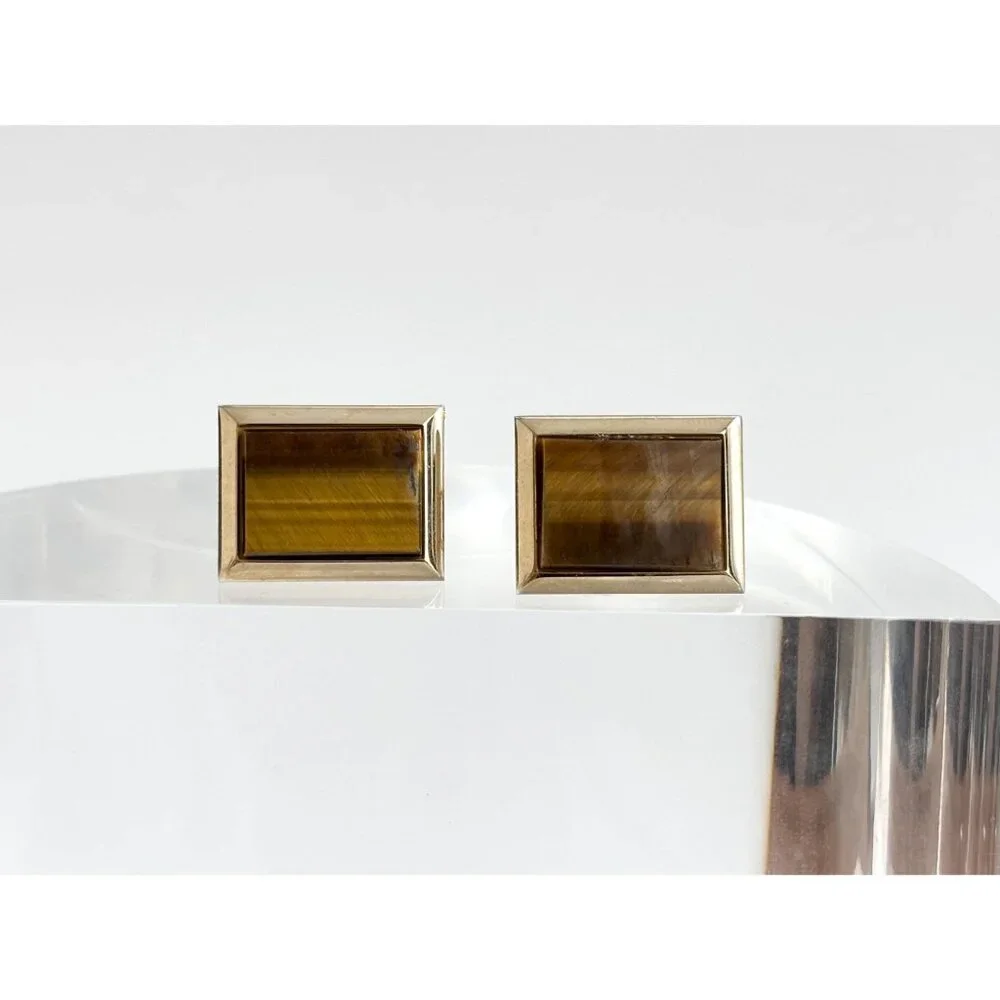 Faux Tiger's Eye Gold Toned Rectangular Vintage 80's Style Cuff Links