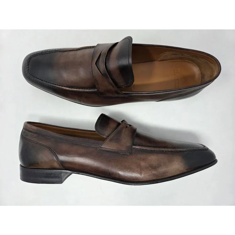 BALLY BRENT BROWN BLACK BURNISHED LEATHER PENNY LOAFER MENS SIZE 11.5 EEE WIDE