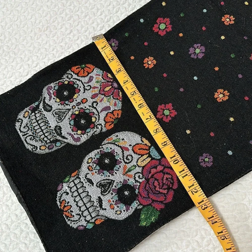 Sugar Skull Table Runner Black Flowers Dia de Los Muertos 70” X 13” Canvas
