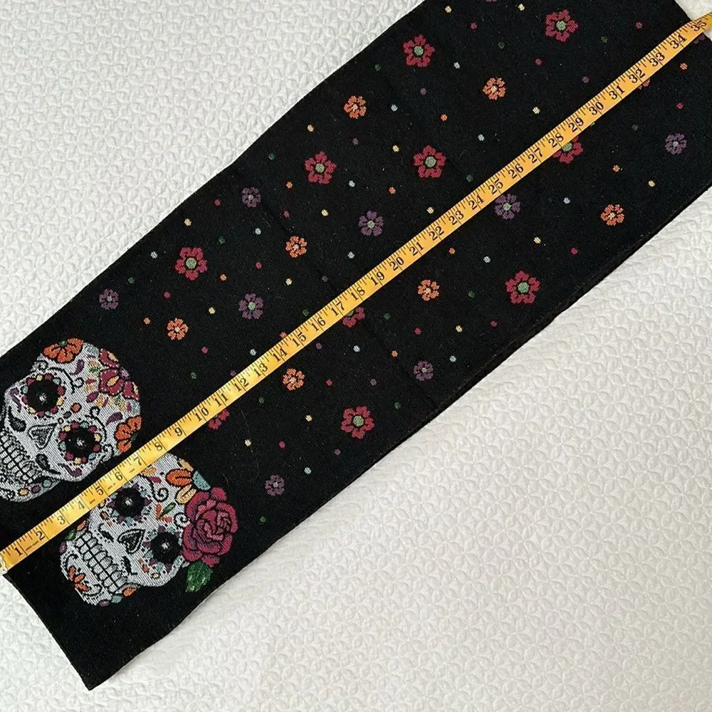 Sugar Skull Table Runner Black Flowers Dia de Los Muertos 70” X 13” Canvas