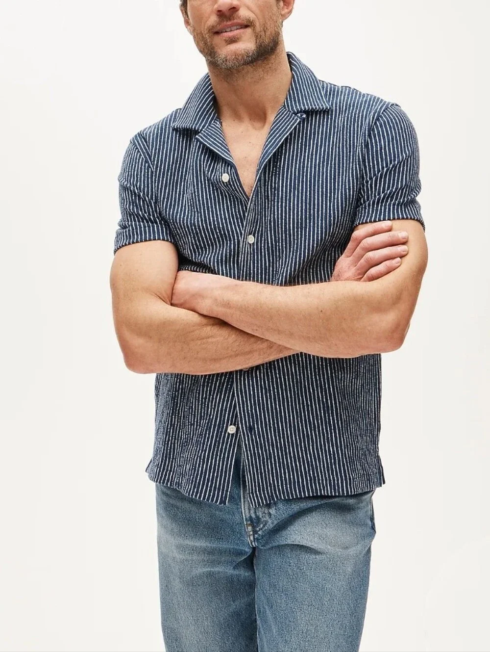 J. Crew Knit Blue Ivory Feeder Stripe Short Sleeve Button-Down Shirt