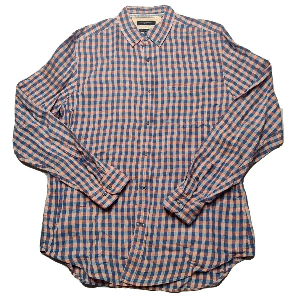 BANANA REPUBLIC CAMDEN FIT LINEN‎ Men Large Blue Orange Plaid Shirt EUC