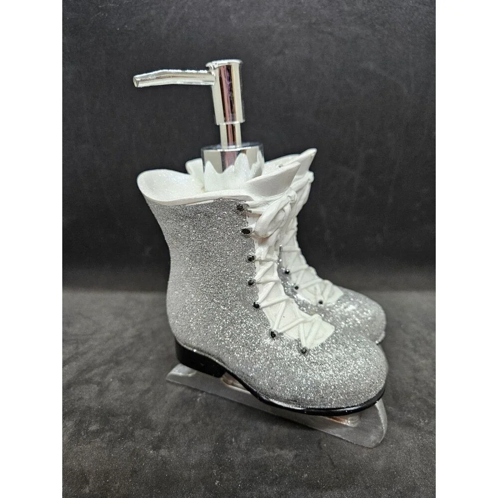 SILVER GLITTERY RESIN ICE SKATE,BOOT+SILVER PUMP KITCHEN,BATHROOM SOAP DISPENSER