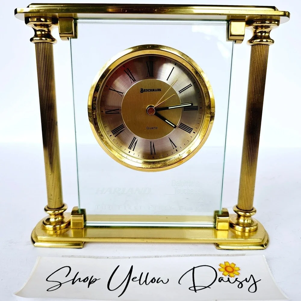 Vtg Deloitte Benchmark Brass & Glass Quartz Desk Mantle Alarm Clock M507.3