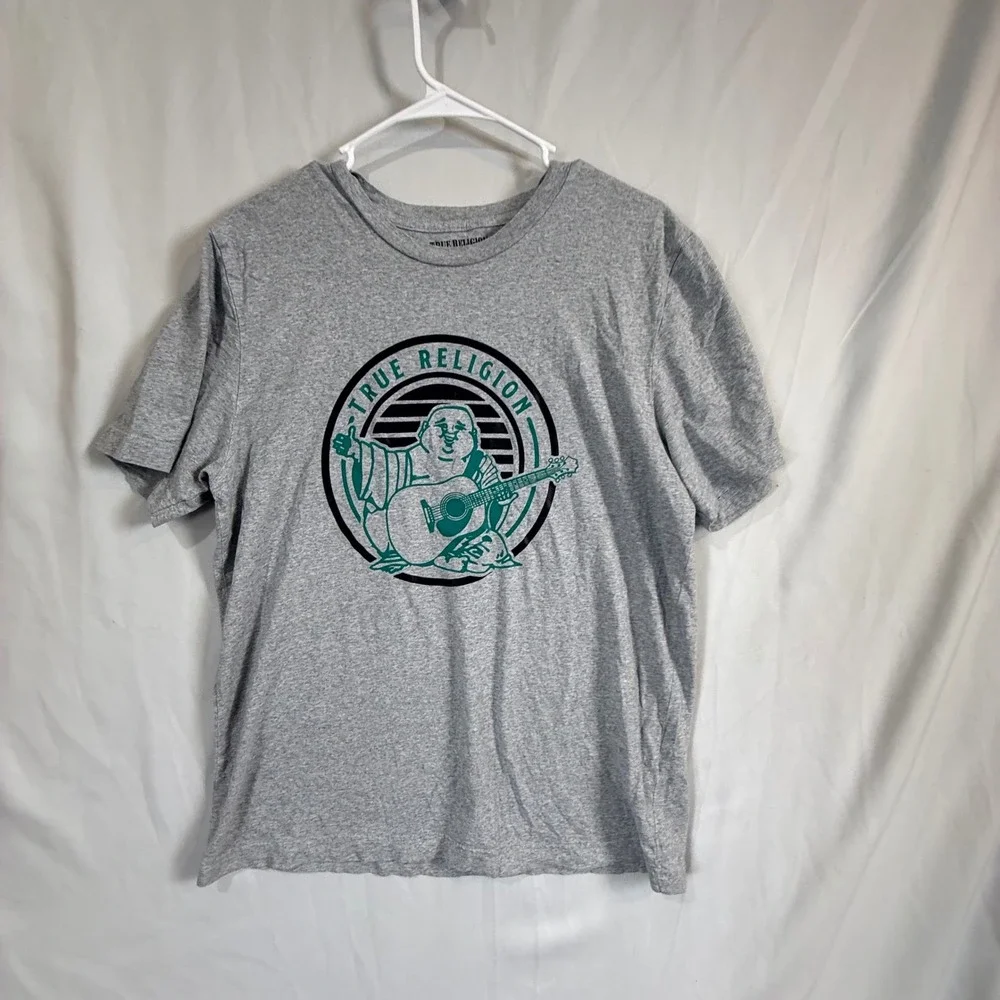 True Religion Buddha‎ Guitar Graphic T Shirt Mens Large Gray Short Sleeve Crew