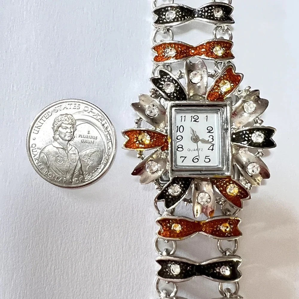 Women's Watch Floral‎ Brown/Black Silver Tone Bracelet Wristwatch 6.5 in