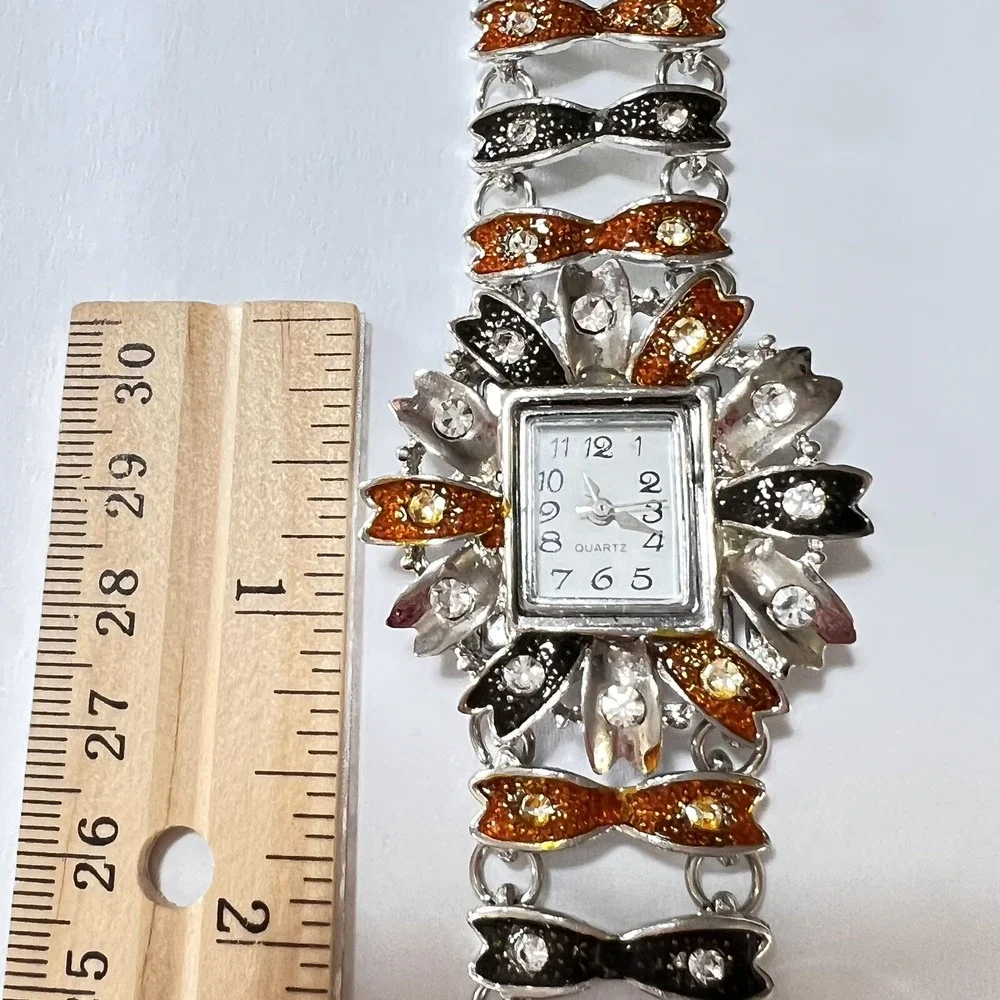 Women's Watch Floral‎ Brown/Black Silver Tone Bracelet Wristwatch 6.5 in