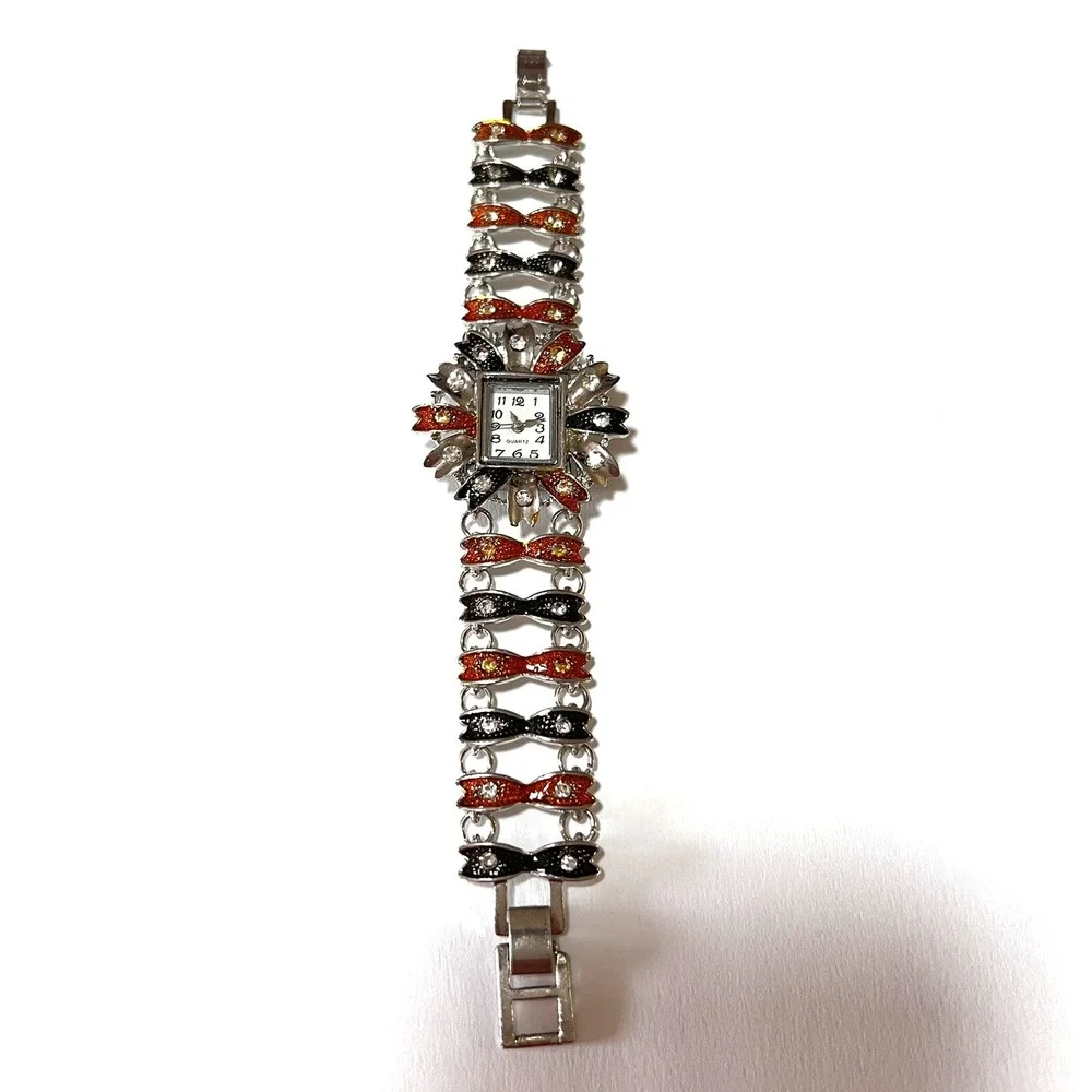Women's Watch Floral‎ Brown/Black Silver Tone Bracelet Wristwatch 6.5 in