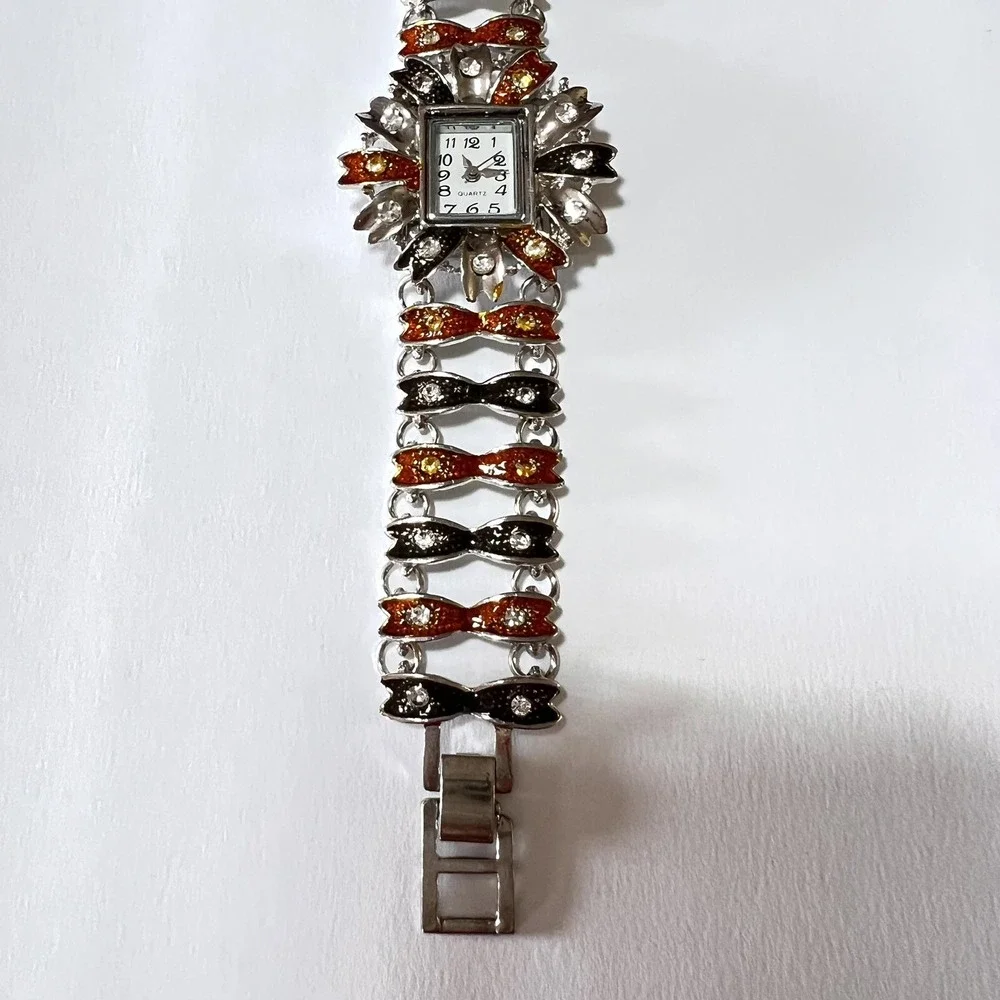 Women's Watch Floral‎ Brown/Black Silver Tone Bracelet Wristwatch 6.5 in