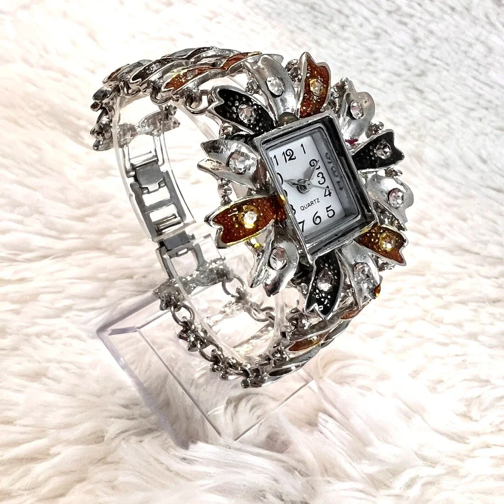 Women's Watch Floral‎ Brown/Black Silver Tone Bracelet Wristwatch 6.5 in