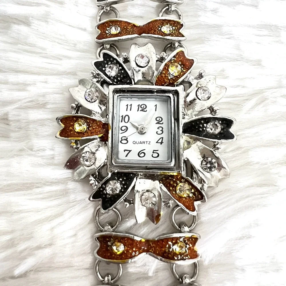 Women's Watch Floral‎ Brown/Black Silver Tone Bracelet Wristwatch 6.5 in
