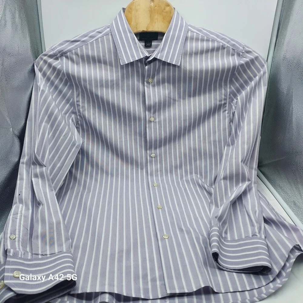 Banana Republic Mens Slim Fit Non Iron Purple White Stripe Dress Shirt XL 17 1/2