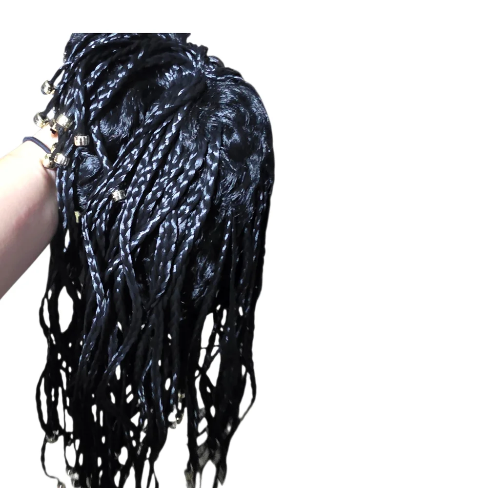 Black Braided And Beaded Hair Wig