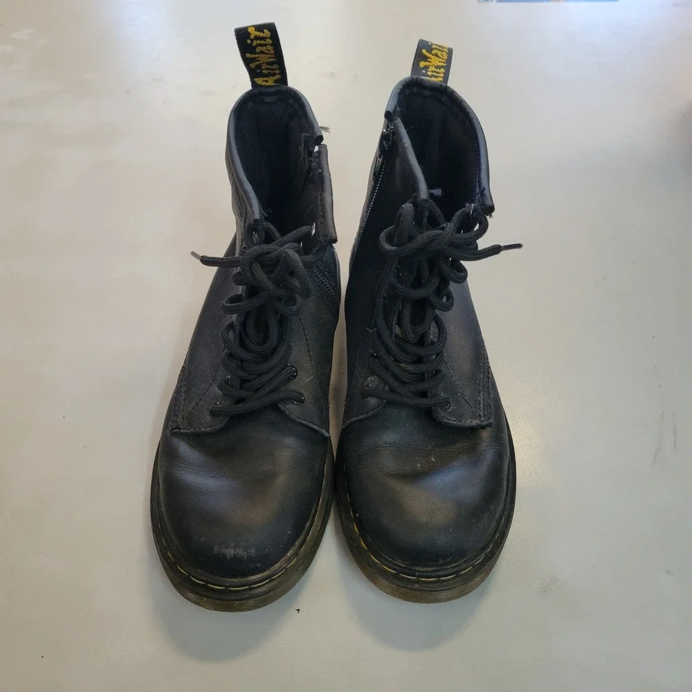Dr. Martens Delaney Black Leather Lace Up Side Zip Combat Boots Kids Youth SZ 3
