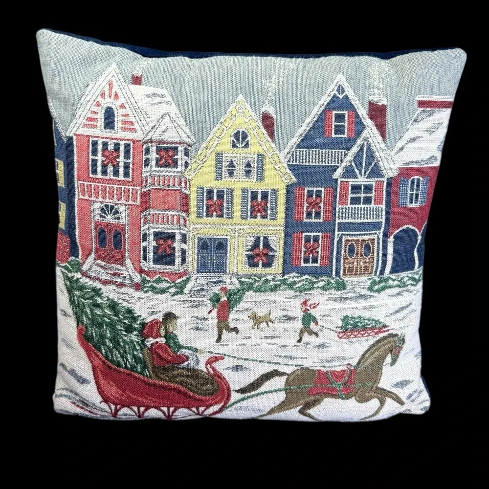 Vtg. Christmas Tapestry throw Pillow Horse Sleigh Winter Scene Holiday Decor 15