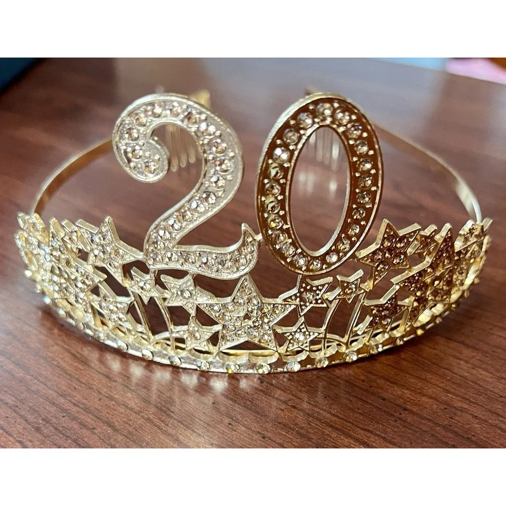 20‎ Year Birthday-Work Anniversary Celebrate Crown Gold Rhinestone & Stars