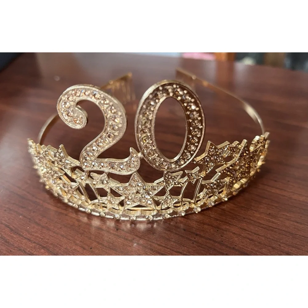 20‎ Year Birthday-Work Anniversary Celebrate Crown Gold Rhinestone & Stars