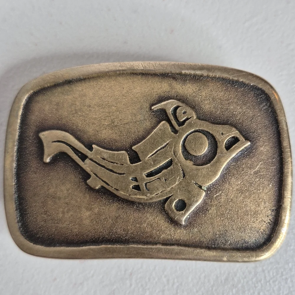 Vintage 1970s Sandcast Bronze Totem Art Salmon Fish Belt Buckle by Rainbow Metal
