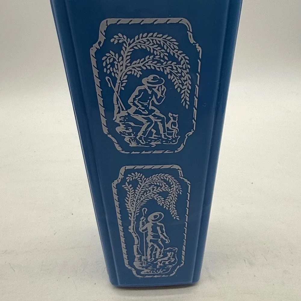 Vintage Jim Beam 1960sBlue Milk Glass Decanter Pastoral Scene White Stopper