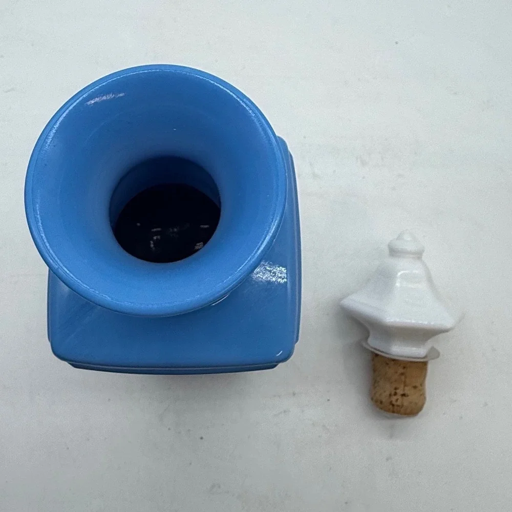 Vintage Jim Beam 1960sBlue Milk Glass Decanter Pastoral Scene White Stopper