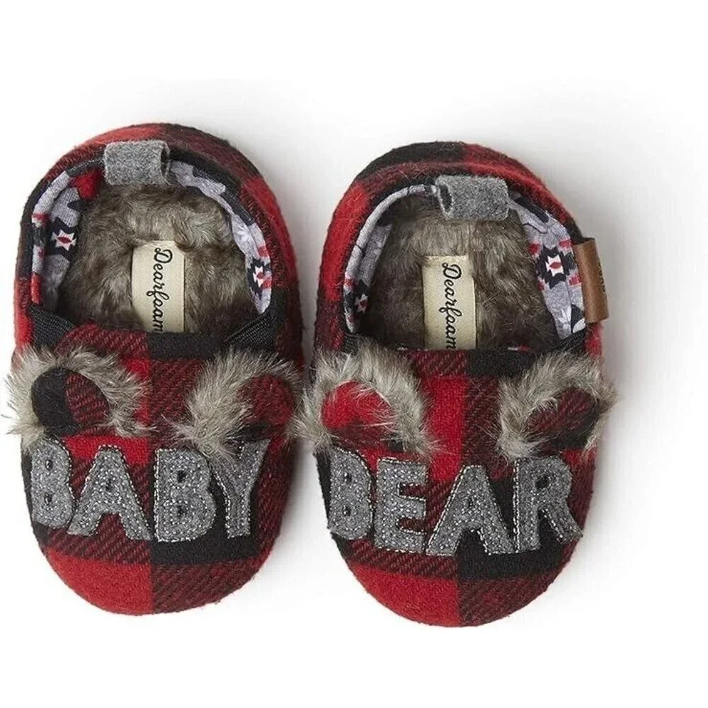 Dearfoams‎ Christmas Red Plaid Baby Bear 6-9 Months Infant Slippers NEW