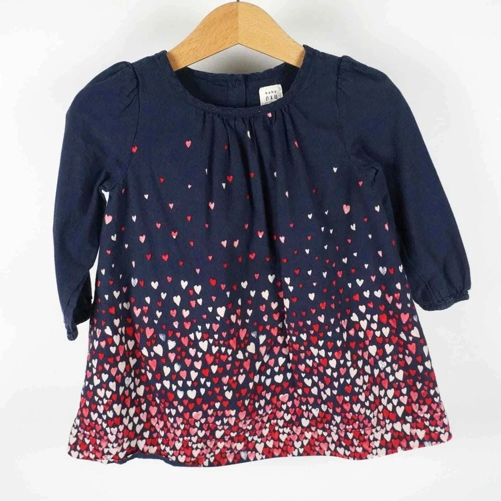 Baby‎ GAP Heart Print Dress Kids 12-18 Months Navy Blue Long Sleeve Cotton