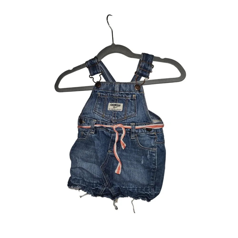 OshKosh B'gosh Baby Girls Blue Denim Overall Jumper Dress 9M Frayed‎ Hem B