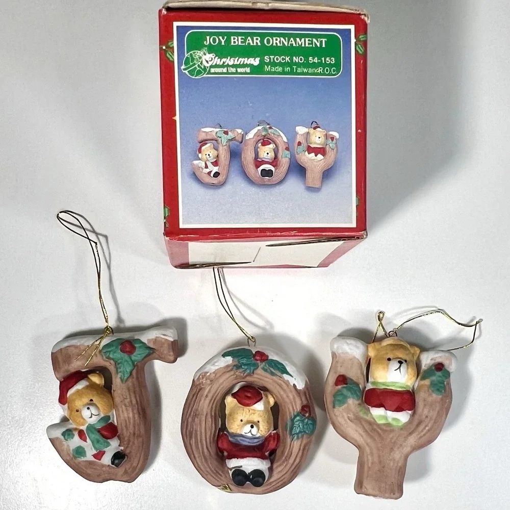 VTG Christmas Around The World JOY Teddy‎ Bears Letter Ornaments Set of 3 w/Box