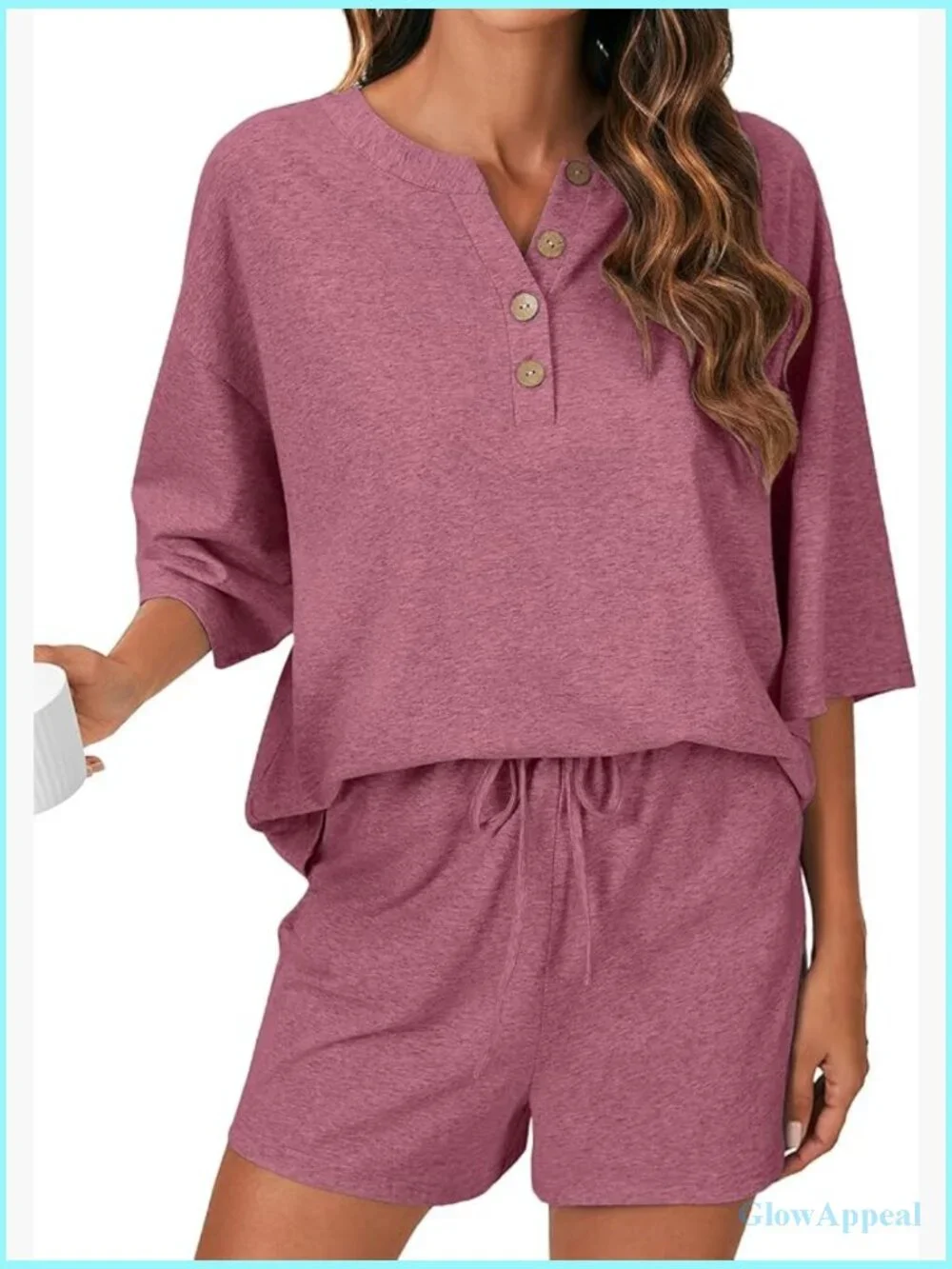 3/4 Sleeve Button Down Pajama Set with Pockets - Soft Lounge Shorts Top