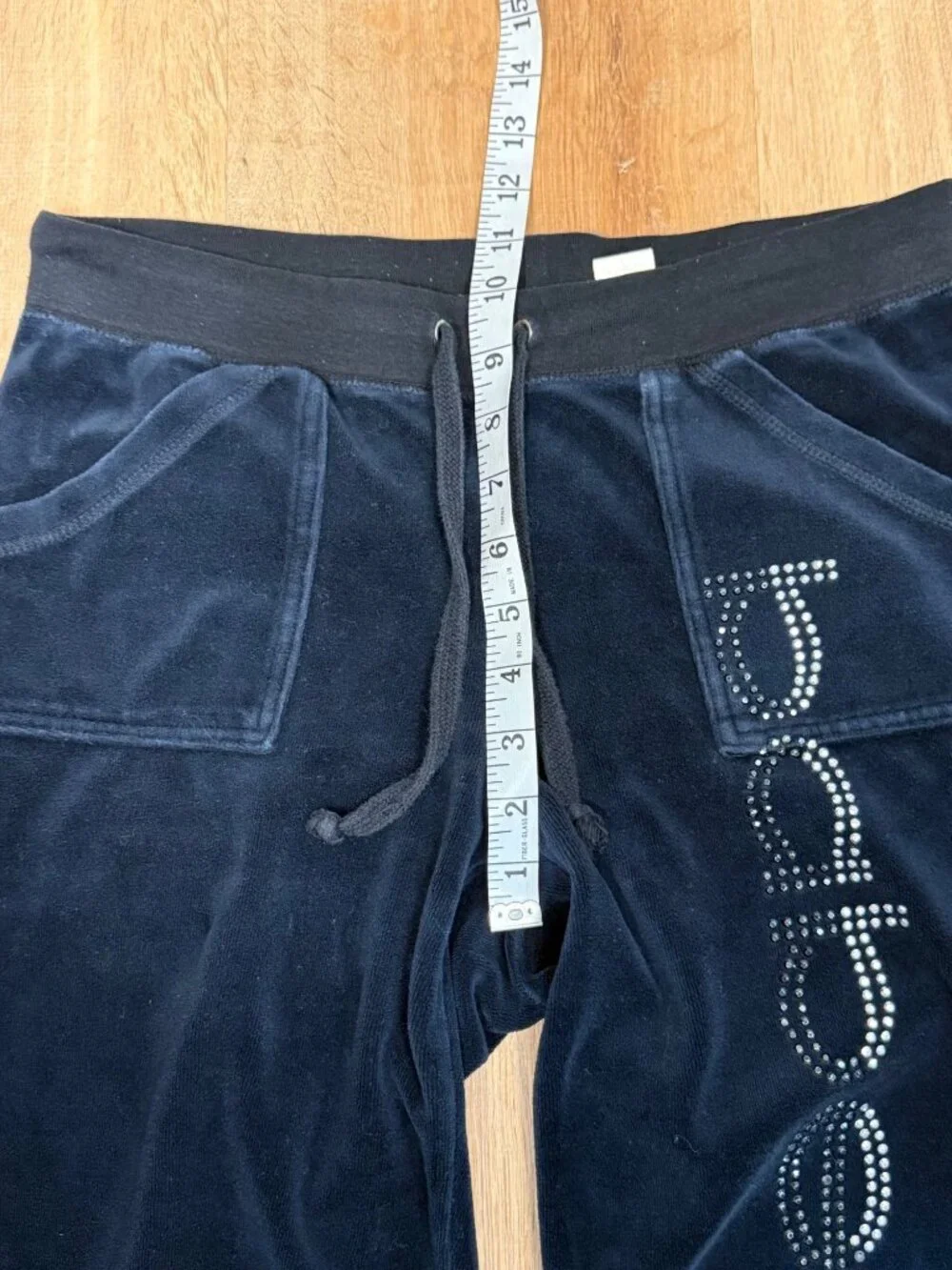 Y2K Bebe Navy Velour Flare Pants Womens Drawstring Waist Rhinestone Logo Back Po