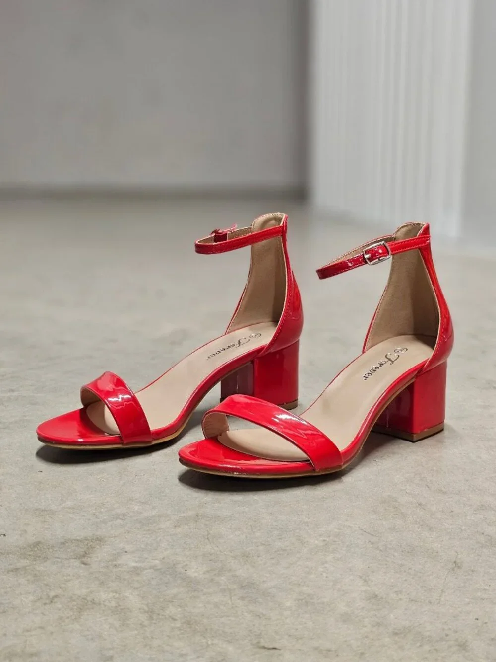 Red Patent Block Heel Sandals With Ankle Strap - Womens Dress Shoes