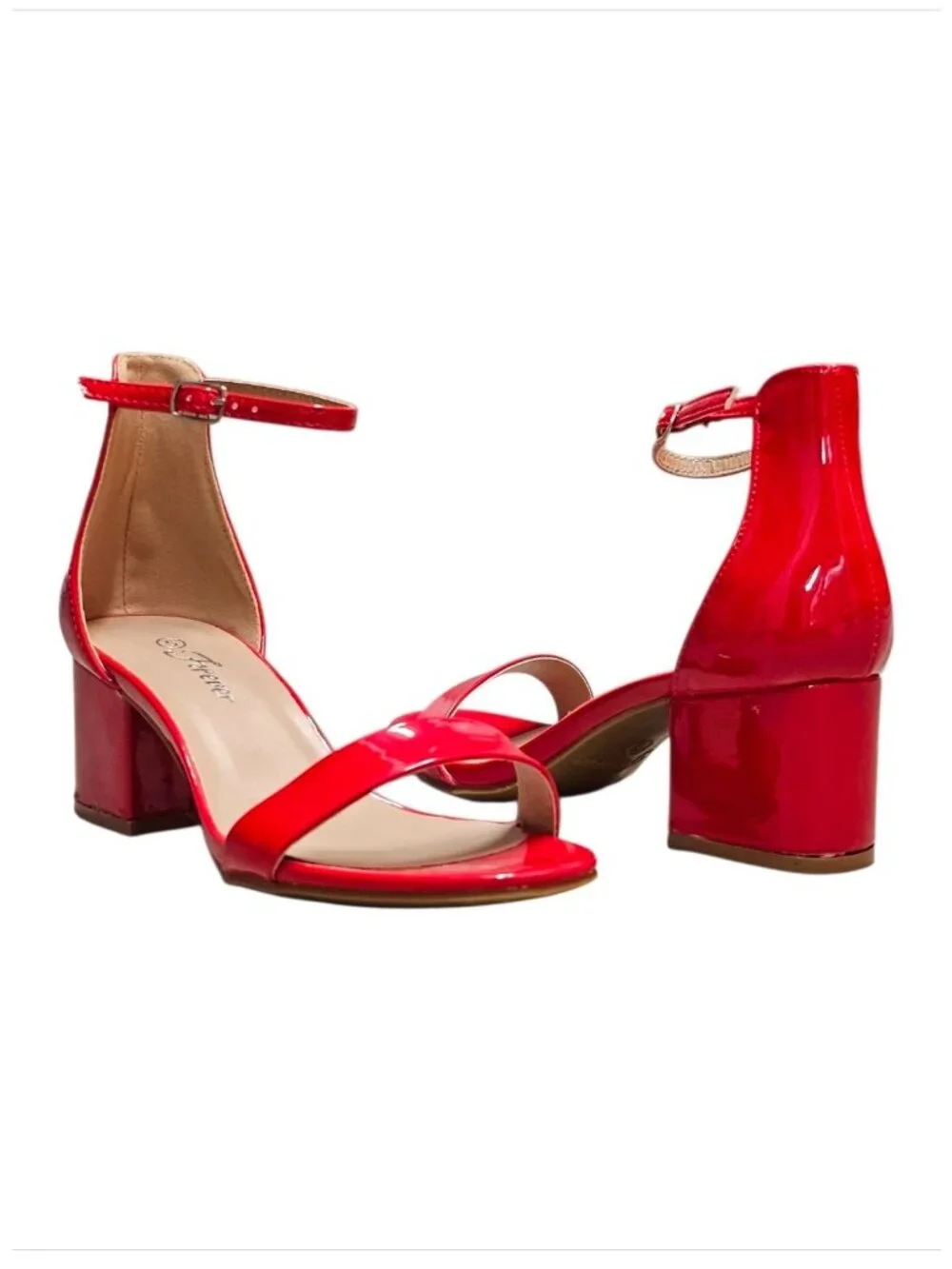 Red Patent Block Heel Sandals With Ankle Strap - Womens Dress Shoes