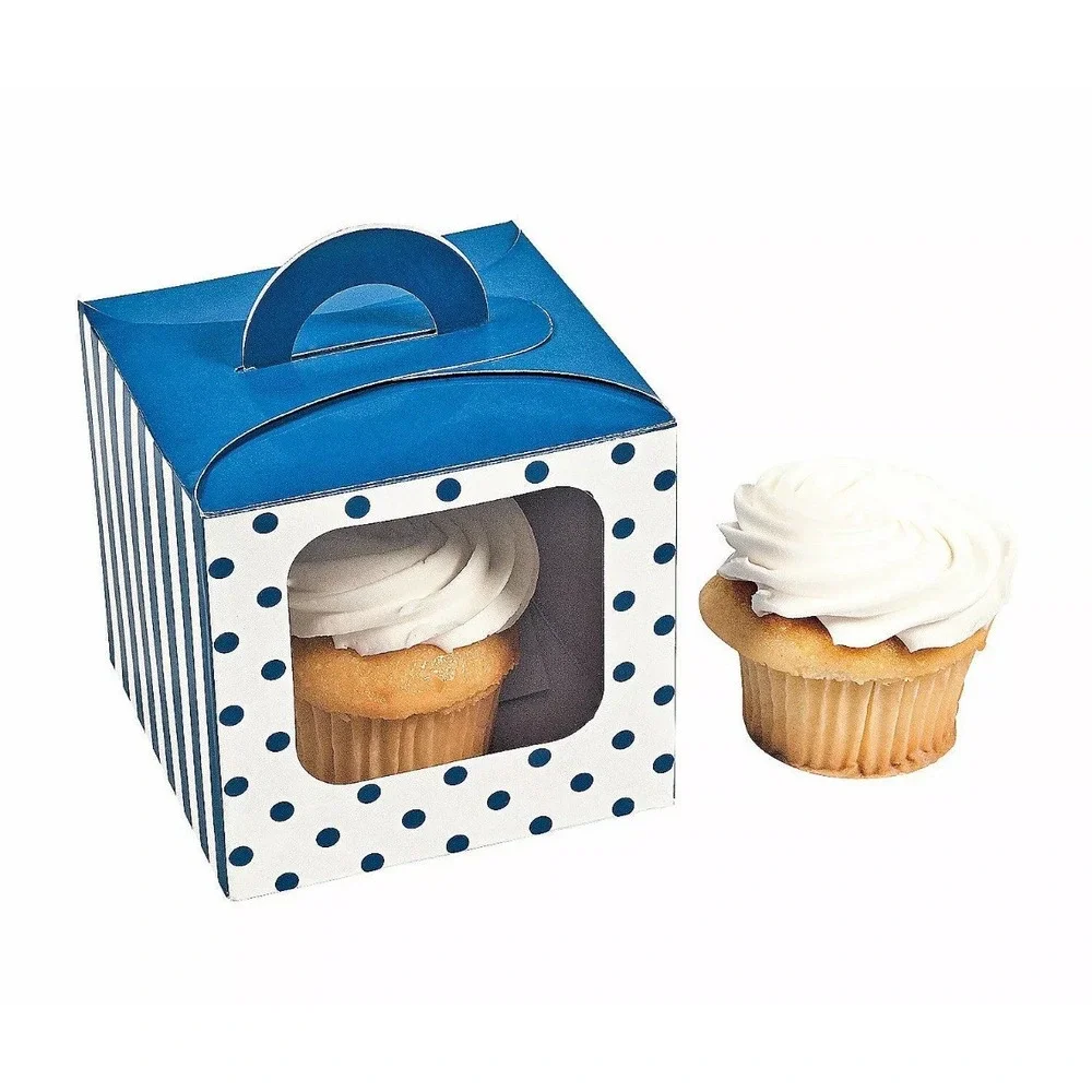 Blue Polka Dot‎ Cupcake Boxes With Handle, Party Supplies, 12 Pieces